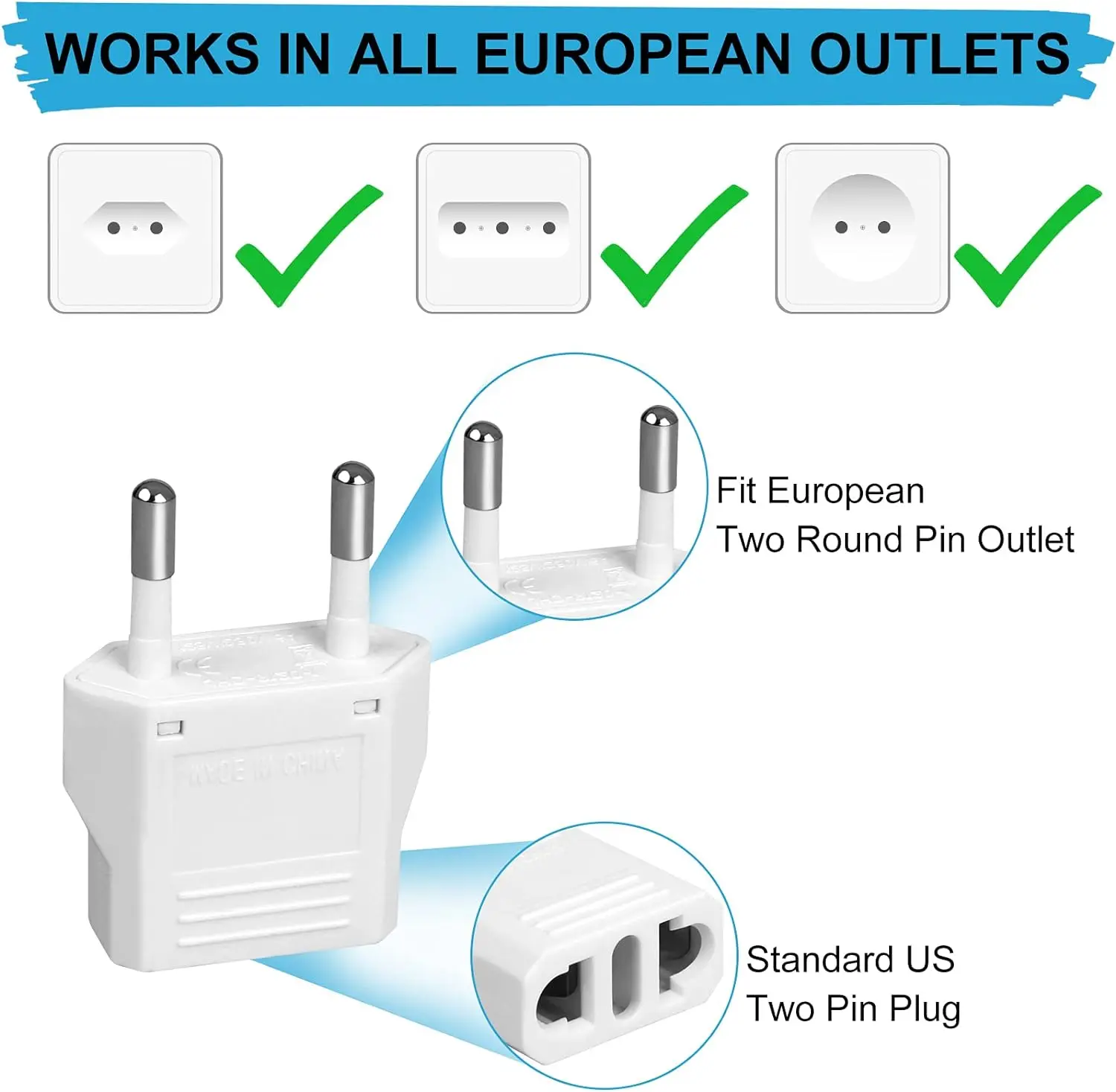 6 Pack US to Europe Plug Adapter - Type C European Travel Adapter, Wall Plug Power Converter for Europe (White) 4.0mm