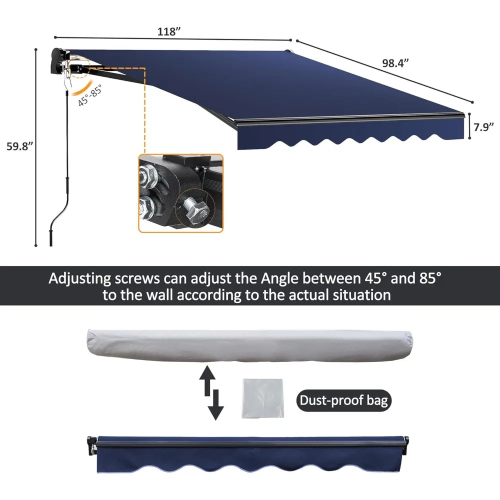 10'x8' Patio Retractable Awnings UV Protection Sun Shade Window Door Shelter with Manual Crank Handle,Waterproof Fabric