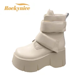 Wysoka podeszwa botki damskie jesienno-zimowe skórzane krótkie Chelsea Boots pętelkowe buty damskie botki motocyklowe 8CM