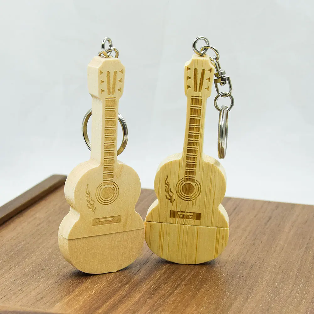 แฟลชไดรฟ์ไม้รูปกีตาร์ สลักโลโก้ฟรี ความจุ 128GB 64GB 32GB ความจุจริง 100% ของขวัญสุดสร้างสรรค์พร้อมสายคล้อง