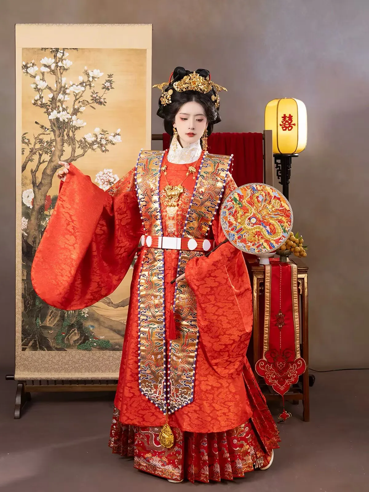 Song Dynasty Hanfu Leather Belt Red Waist Belt with Golden Fish Pattern Plaque, Ancient Chinese Costume Accessory for Men Histor