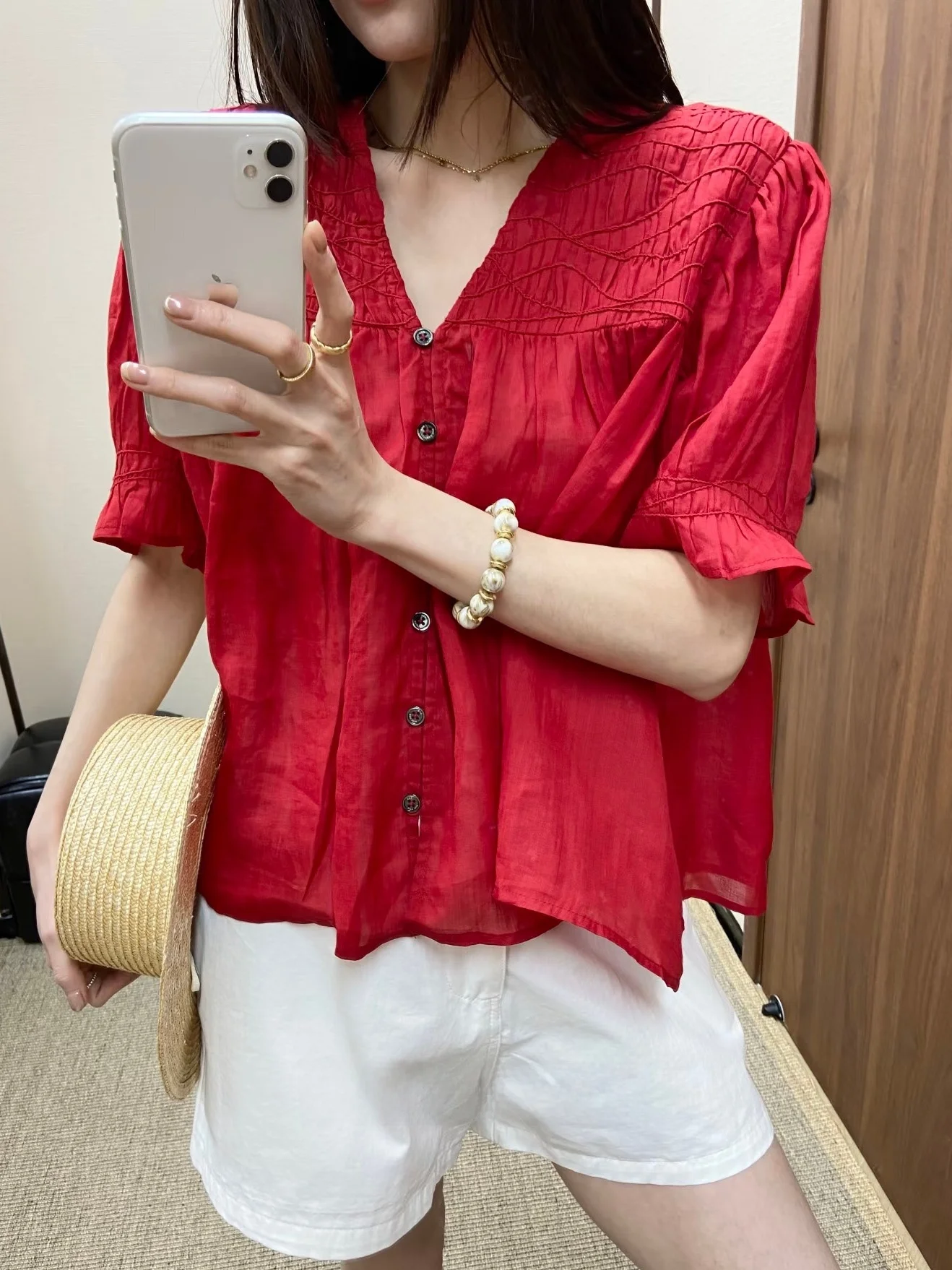 

August Small Cro S 26 Spring New Pure Color V-ne f Sve Cotton Linen Loose Doll irt Women's irt French Sle Loo...