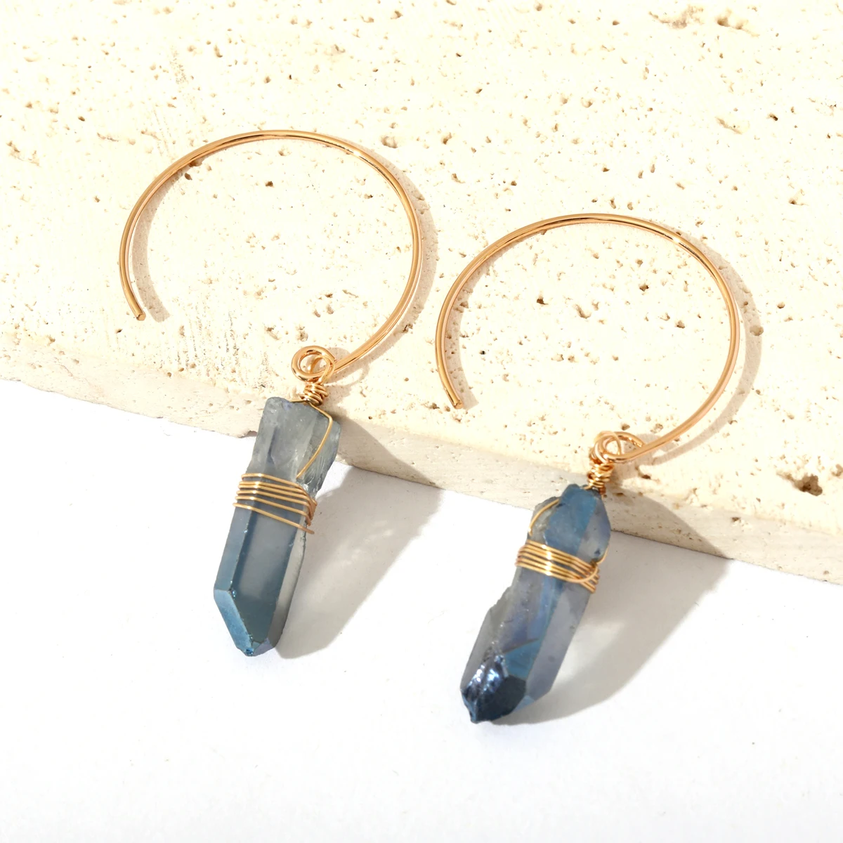 Boho Jewelry Handmade Blue Black Natural Crystal Quartz Stone Earrings Fashion Women Hoop Earrings