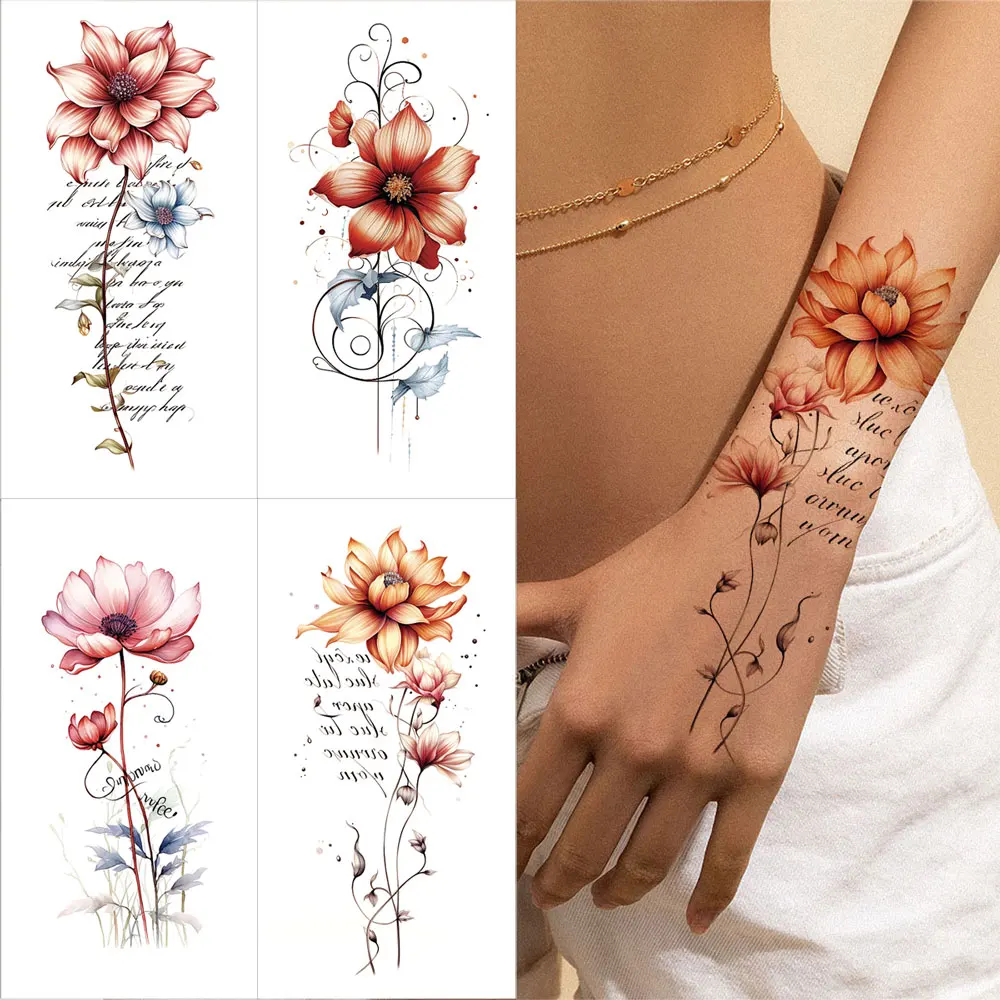 

Disposable Waterproof Flower Temporary Tattoos for Women Body Art Letter Floral Fake Tattoo For Hand Arm Decor