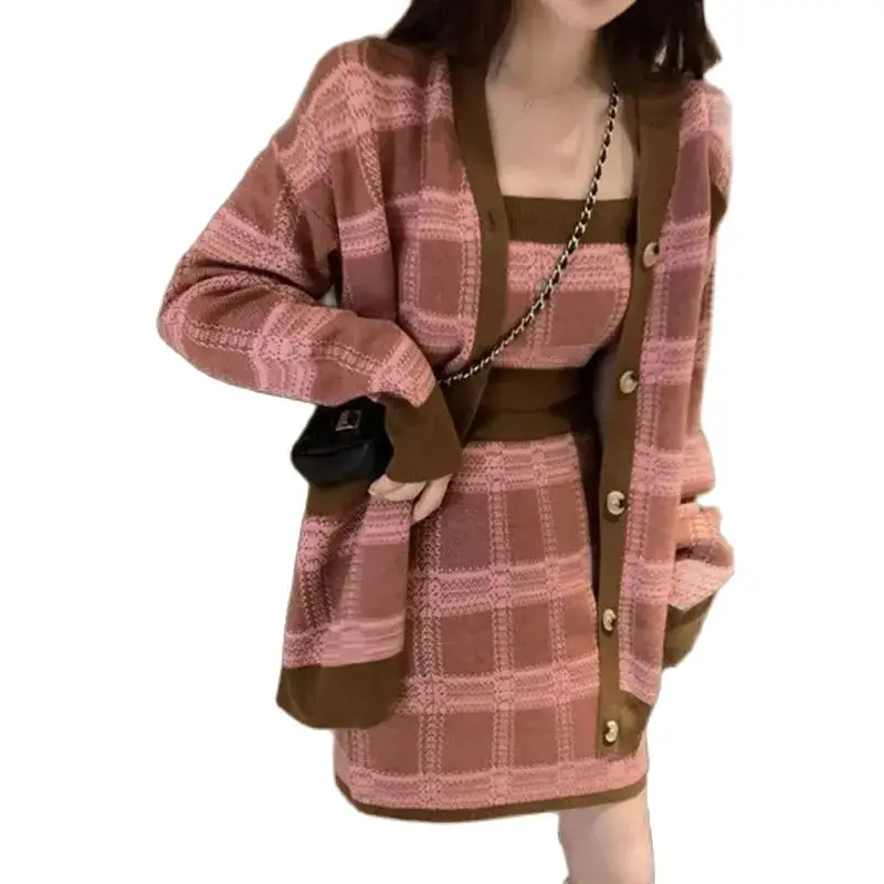 Knitted Sweater Jacket Suspender Plaid Hip-Covering Skirt Three-Piece Set Autumn Winter Temperament Royal Sister Suit