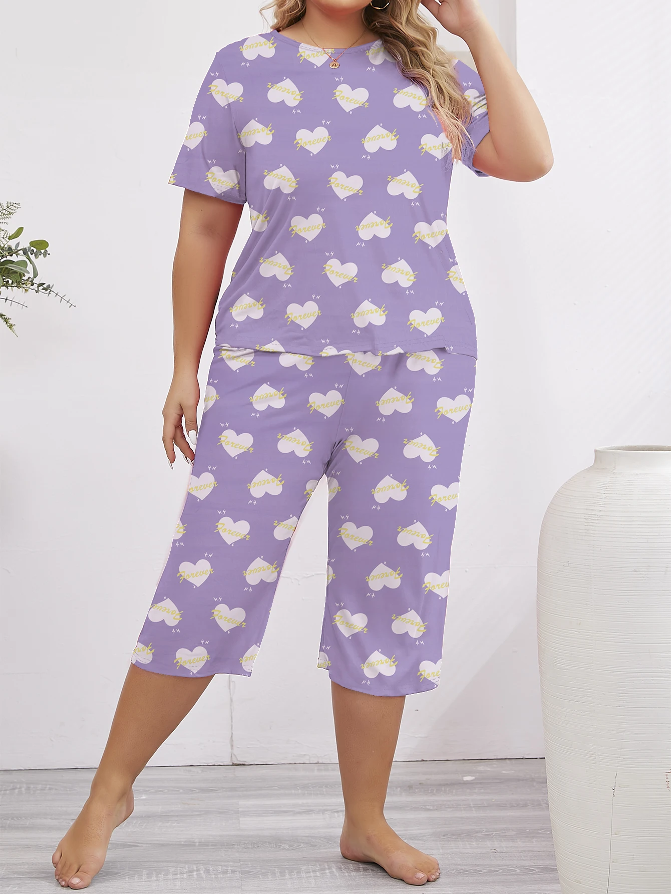 Large casual women\'s sleepwear set cute love printed purple T-shirt&cropped pants home clothes 2-piece set