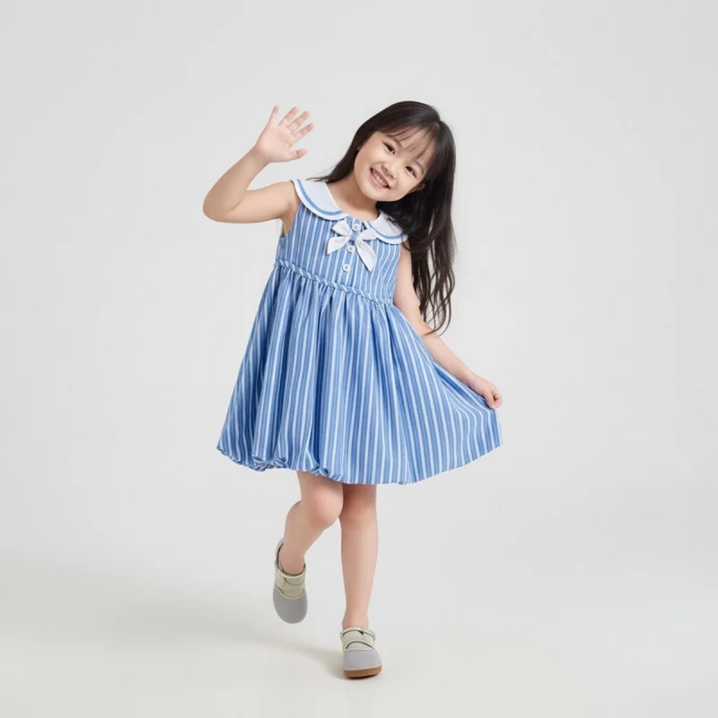 

Girls' Navy Collar Sleeveless Dress, New Summer Children's Dress with Bow and Stripes, Fashionable Princess Dress for Kids