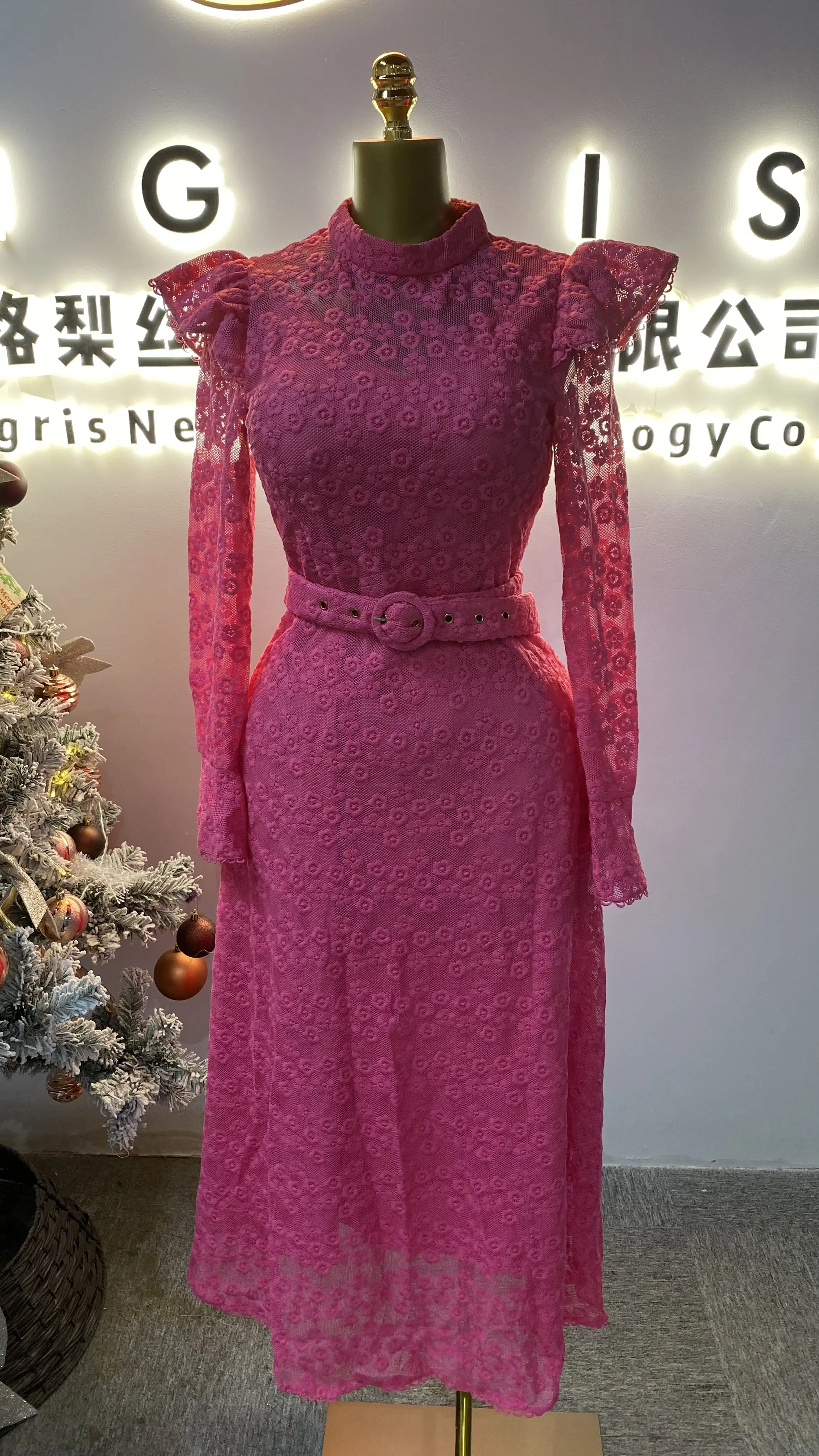 

Fashionable Bohemian Style 2025 Winter New Round Neck Long Sleeve Mesh Embroidered Sheer Maxi Dress-GZXX087