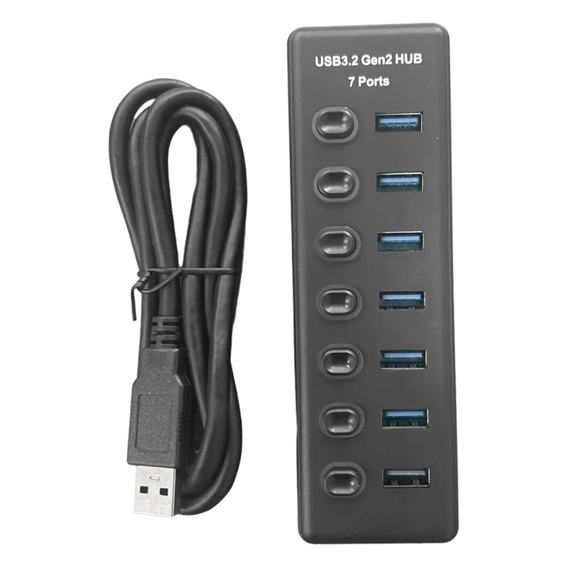 7 Port USB3.2 Gen2 HUB 10Gbps USB 3.0 Hub With Individual Switch Control LED Indicator With Power Adapter US Plug
