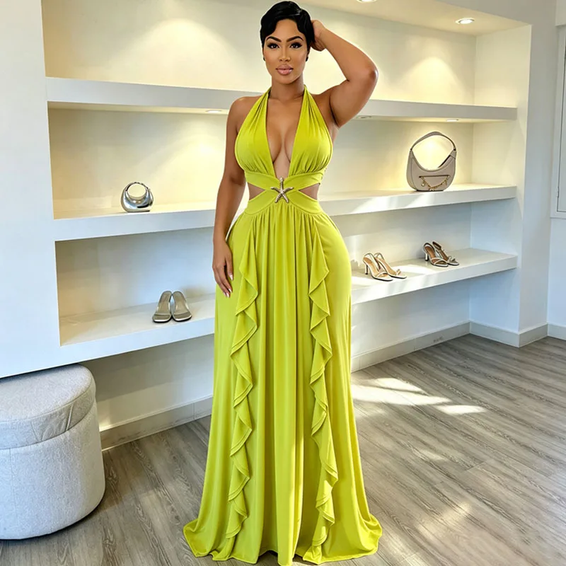 Sexy Halter Deep V-neck Maxi Dress Woman Elegant Party Club Wear Cut Out Starfish Ruffles Birthday A-line Long Dresses Holiday