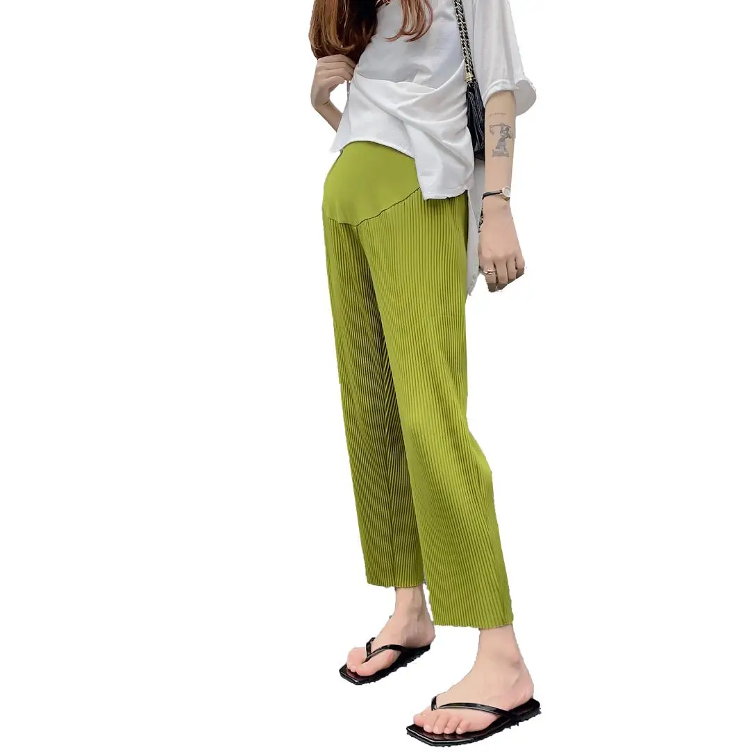 2024 Summer Pregnant Women Wide-legged Pants Pleated Straight Leisure Wear Solid Color High Waist Maternity Chiffon Trousers