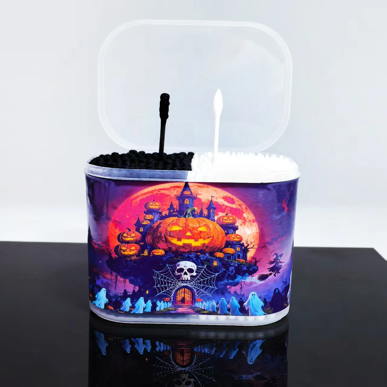 300 قطعة من مسحات القطن المزدوجة ذات الطابع الهالوين، مسحات قطنية مزدوجة الأطراف باللونين الأبيض والأسود للبالغين