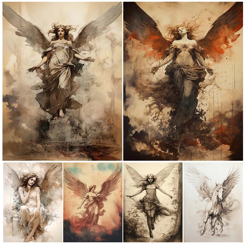 Ángel y Pegaso fantasía Vintage cuadro sobre lienzo para pared criaturas de cuento de hadas oscuro póster artístico e impresión decoración del hogar sin marco