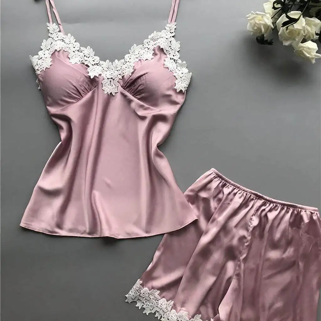 

Summer Ice Silk Sleepwear with Chest Pad Sexy Silk Strap Shorts Set Women's Home Clothes Polyester Fiber V-neck Sleeveless