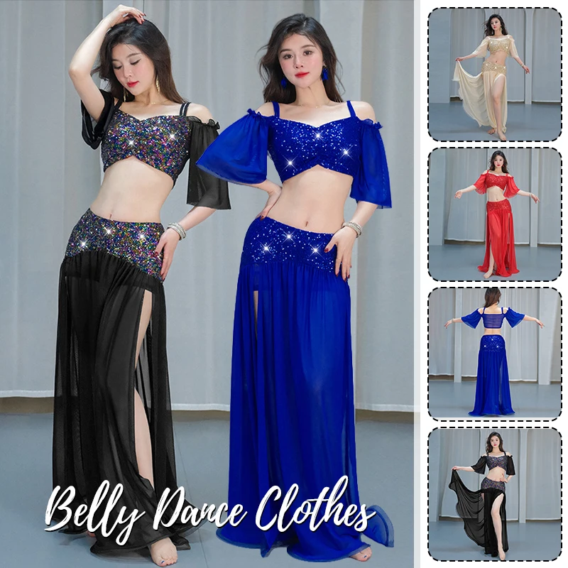 Elegante dança do ventre topos + saia conjunto feminino roupas de dança oriental lantejoulas senhora competição palco desempenho prática traje