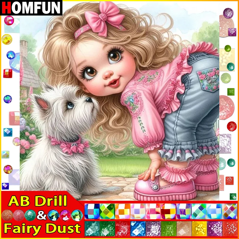 

HOMFUN Fairy Dust AB Diamond Painting Cross Stitch Pattern 5D Diamond Embroidery "Portrait Girl Dog" Home Decor DIY diamond Art