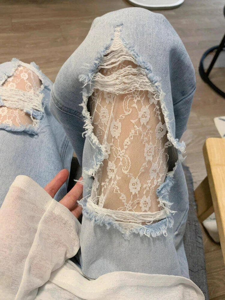 

Trendy Lace Splice Hole Denim Jeans Men Women Style Summer Thin Breathable Loose Straight Leg Wide Leg Pants High Waist Long ...