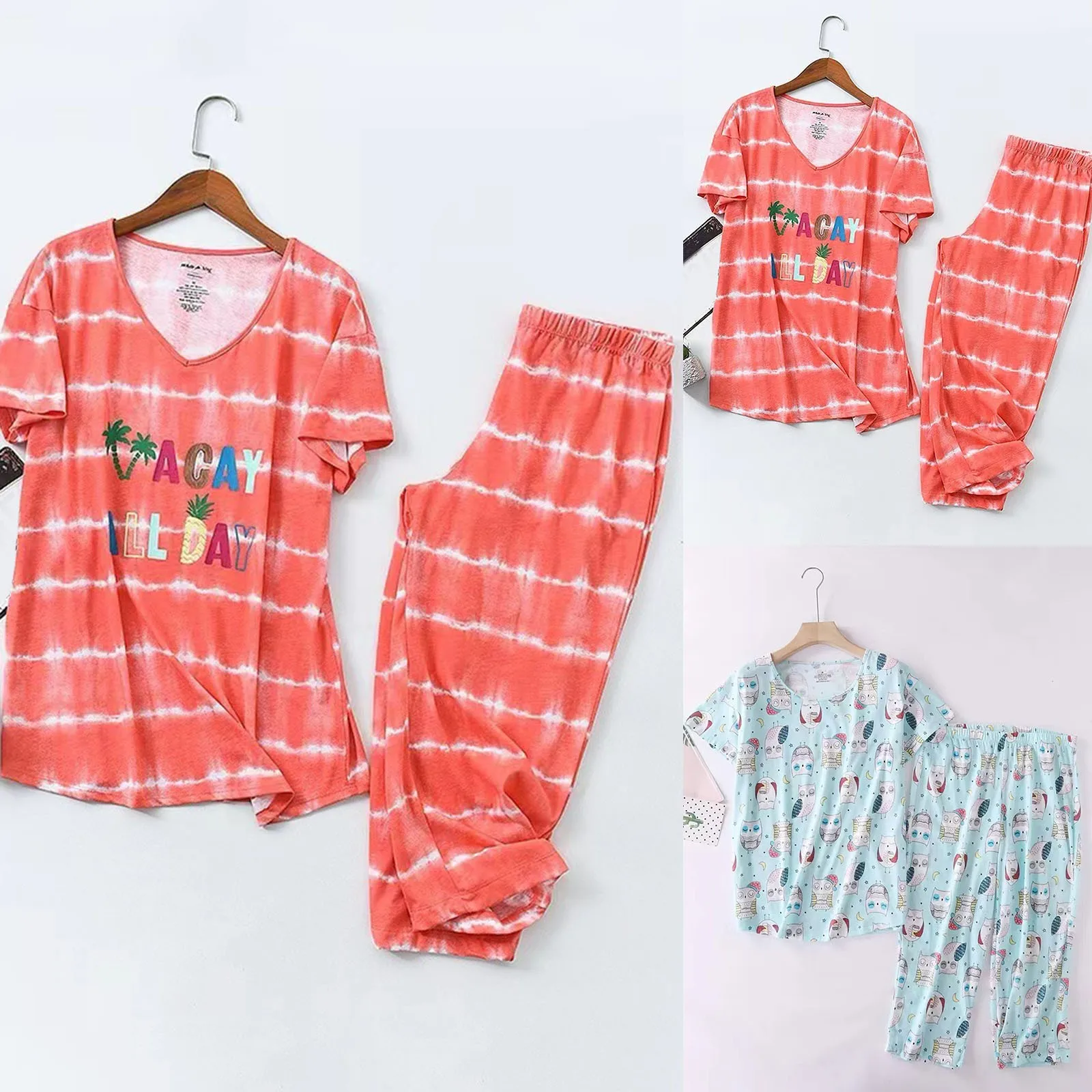 Set piyama lengan pendek untuk ibu, Set baju tidur ukuran Plus, celana panjang crop, piyama kartun lucu Korea musim panas, baju tidur kasual 2024