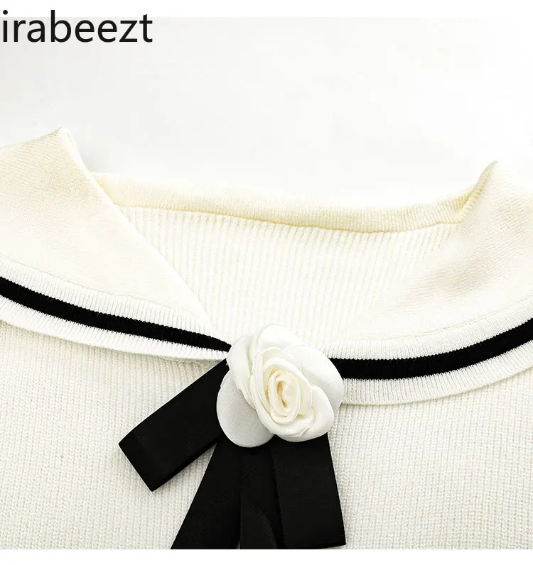 Navy Collar Rose Tie Sweater Women's Autumn and Winter New Bottoming Shirt College Style Slim Womans Long Sleeve Tops