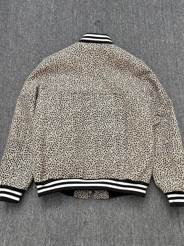 Genuine Cow Leather Men Jackets Leopard Print Durable Suede Baseball Coats Motorcycle Jacket Stand Collar Zipper Loose Outerwear
