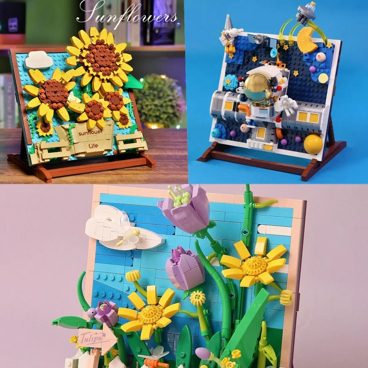 MOC-bloques de construcción en miniatura de astronautas, girasol, tulipán, obra de arte creativa, pintura 3D, decoración del hogar, juguetes para regalo de cumpleaños