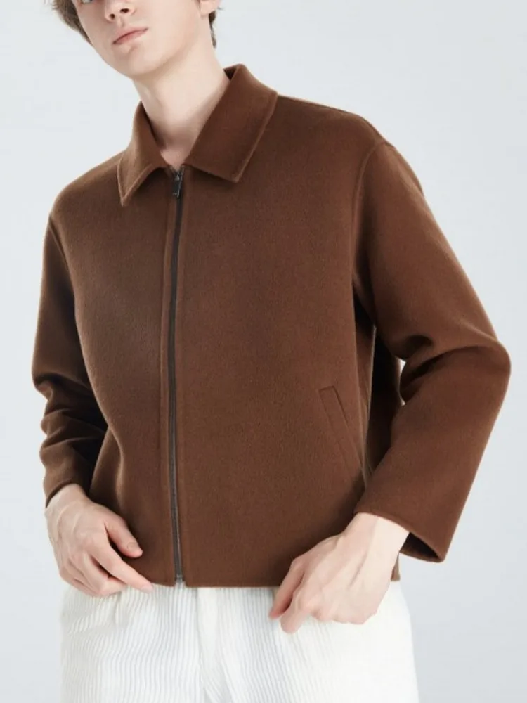 Streetwear Mens Warm Wool Coat Versatile Zipper Turn Down Collar Solid Color Outerwear Fashion Men Long Sleeves Overcoats