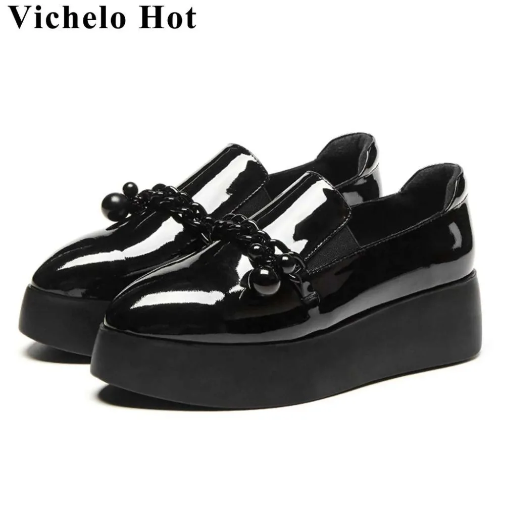 Vichelo Hot Black Real Cow Leather Slip On Pointed Toe Flat Platform Loafers Metal Chain Decoration Campus Vulcanized Shoes L90