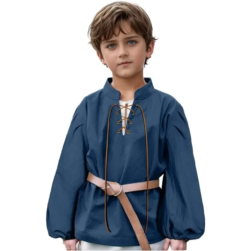 

Medieval Stand Collar Kids Shirt Boys Pirate Viking Costume Vintage Lace Up Blouse
