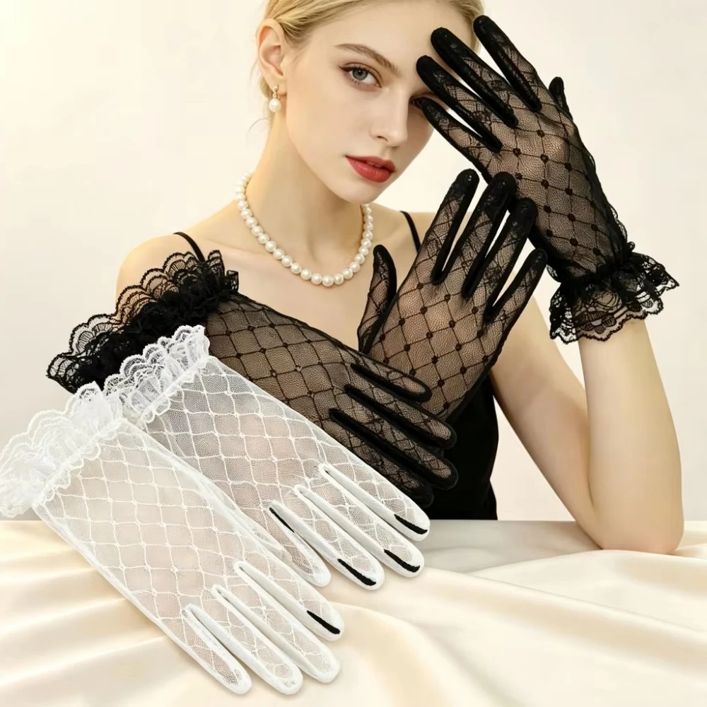 Women Summer Thin Fishnet Gloves Full Finger Lace Mittens UV Protection Black White, Sun Protection Driving Gloves