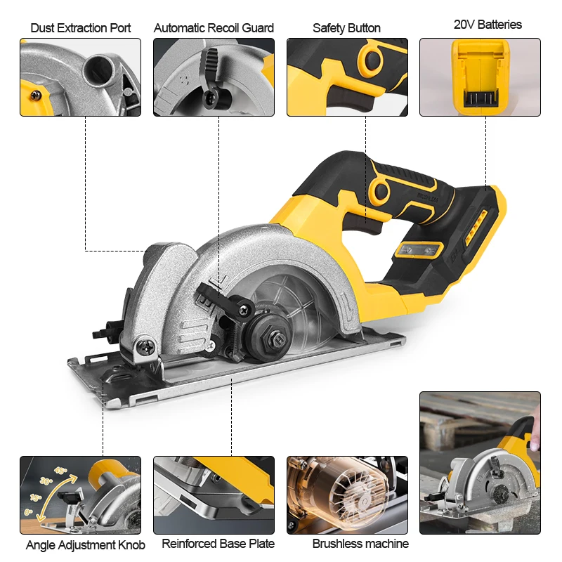 VIVSSO Woodworking Saw 5 Inch Brushless Circular Saw Cordless Wood Cutter 45 Degree Cutting Wood For Dewalt 20V Battery Pins