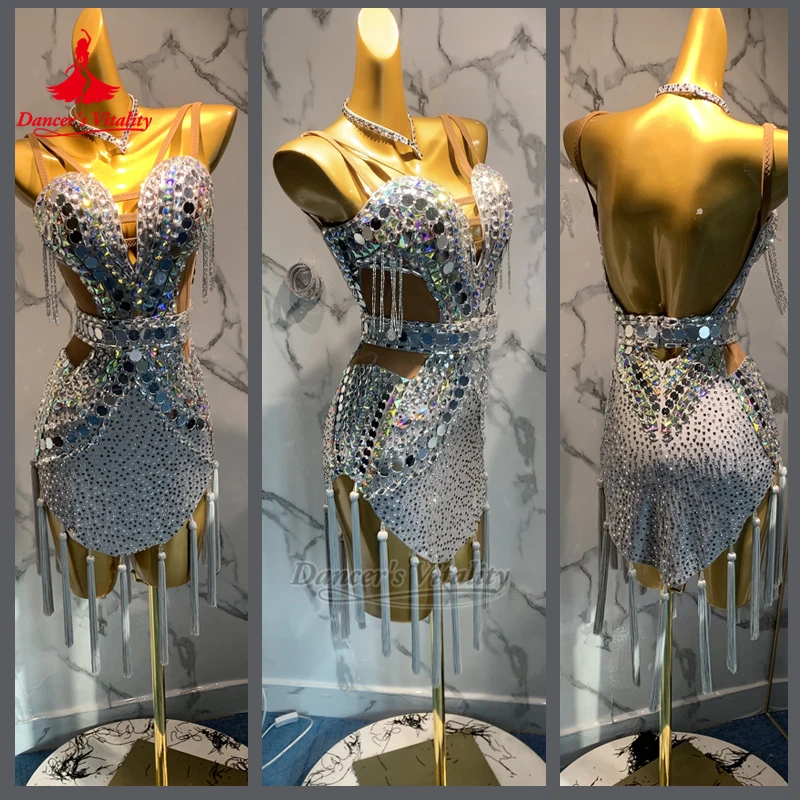 Adult Latin Sleeveless Backless Sling Dresses with Necklace Women Sexy Chacha Samba Perform Clothes Customized Dancer's Vitality