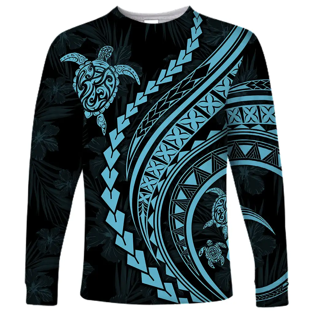 New Style Men\'s Polynesian Long-sleeved T-shirt 3D Printed Turtle Hibiscus Luxury Print Men\'s Autumn Casual Round Neck Tops