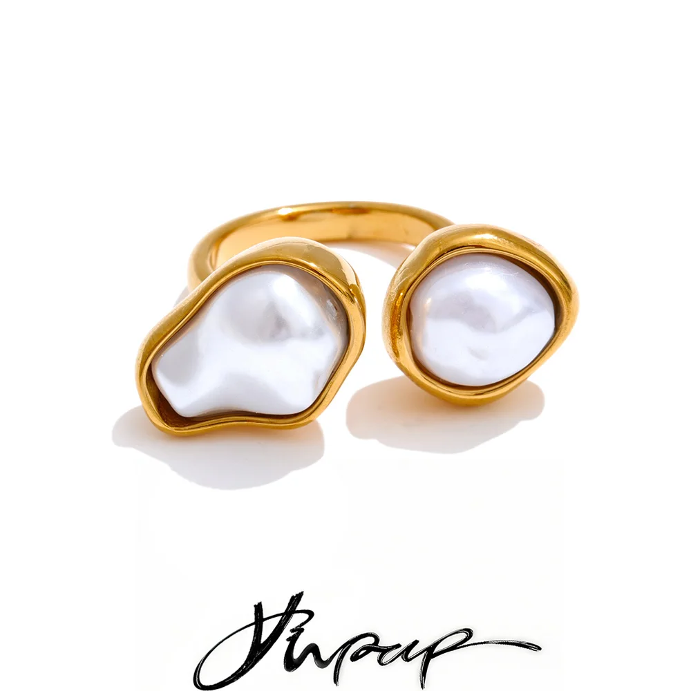 Yhpup Popular Baroque Imitation Pearls Golden PVD Open Ring Women Stainless Steel Rust Resistant Fashion Cast Finger Jewelry