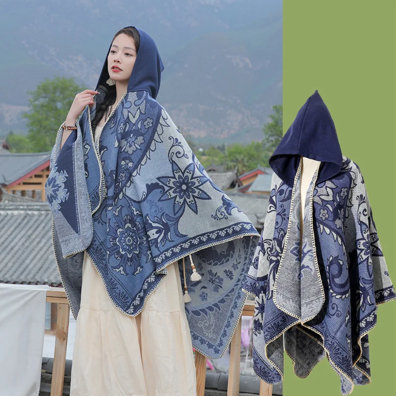 

Этническая накидка с капюшоном, ветрозащитное теплое пончо, плащ для путешествий по Юньнани, Тибету, степям, шаль для этнической моды