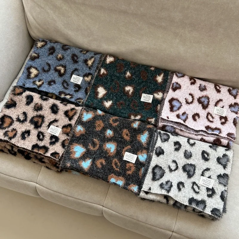 

New Type Trendy Leopard Print Fuzzy Scarf Women Korean Stylish Wool Blend Warm Knitted Woolen Muffler Female Autumn Winter