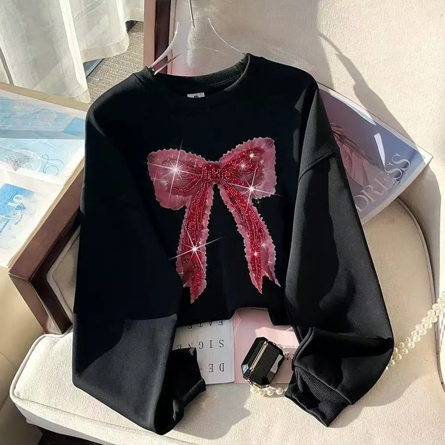 2024 Farfalla Fiocco Perline Diamanti Comfort Estate Lucido Ragazza Lady Top Donna Nuova stazione europea T-shirt femminile T-shirt oversize