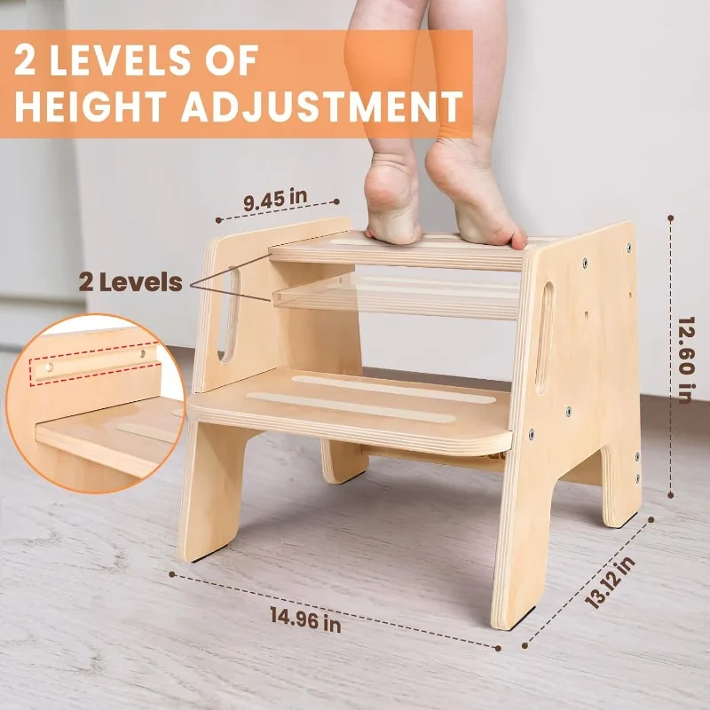 

Toddler Step Stool, Wooden Height-Adjustable 2-Step Stool for Kids, Potty Training Stool with Handles for Bathroom Sink, Kitchen