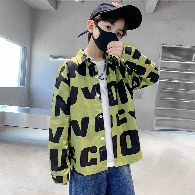 

2024 Boys Shirts Kids Letter Long-sleeved Shirt Cool Boys Clothes Turn-down Collar Children Fashion Tops Coat for Autumn 4-12y