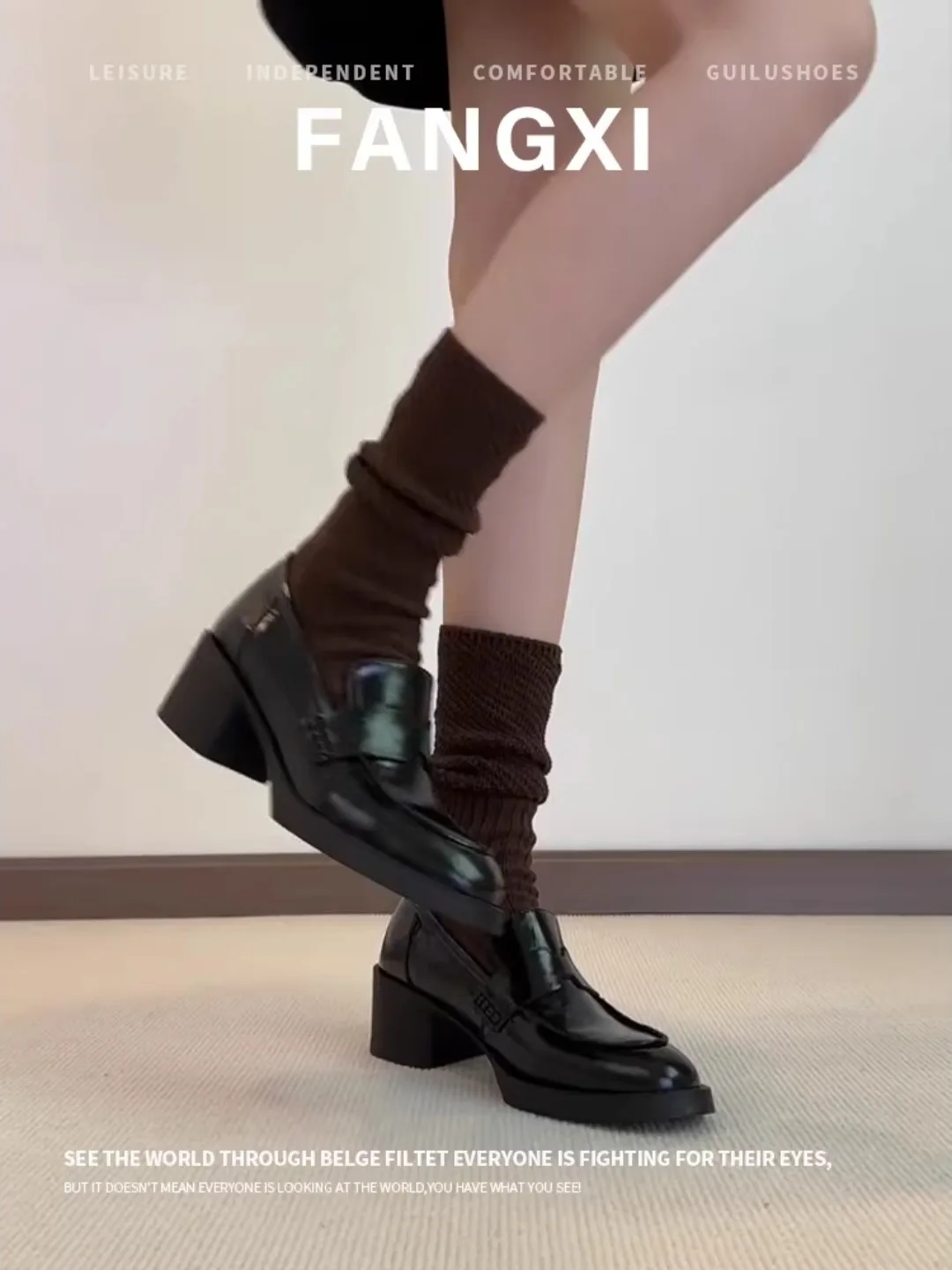 Washed Soft Leather British Style Retro round Head Flats High Heel Small Leather Shoes Women Chunky Heel Single Shoes Slip-On...