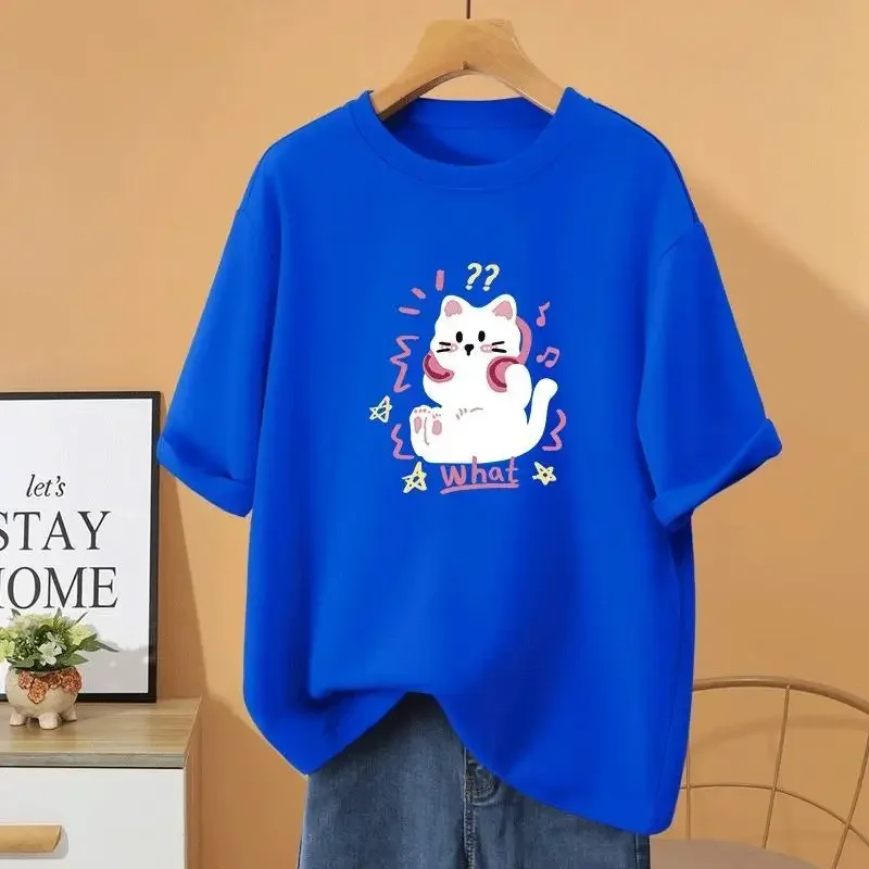 

Летние пуловеры с милым принтом котенка и круглым вырезом, свободные повседневные базовые футболки с короткими рукавами, женская модная футболка из 100% хлопка