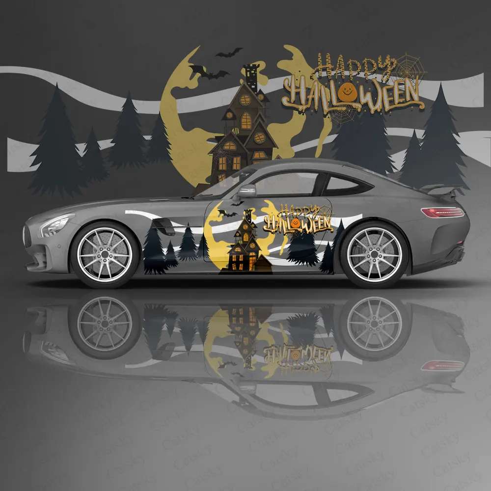 Halloween Night Old House Pumpkin Bat Car Sticker Decal Body Vinyl Sticker Graphic Wrap Holiday Car Decoration Sticker Accessory