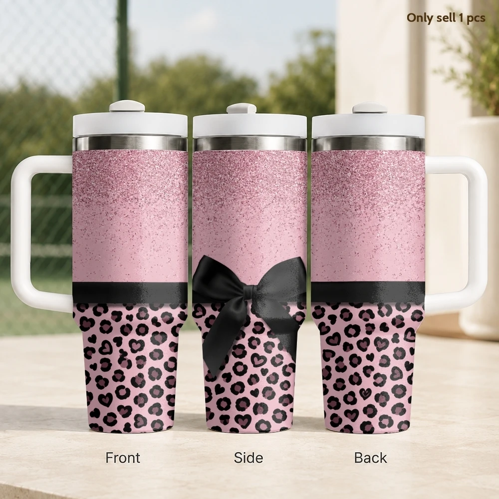 Leopard Bow Print Vacuum Flasks 40oz Stainless Steel Travel Tumbler with Handle Straw Lid Double Wall Vacuum Insulated
