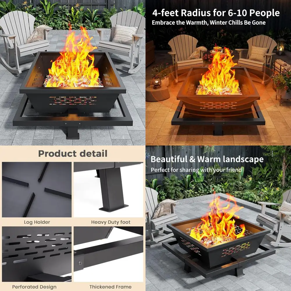 

42-Inch Square Wood-Burning Outdoor Fire Pit with Poker for Camping, Backyard, and Patio Use