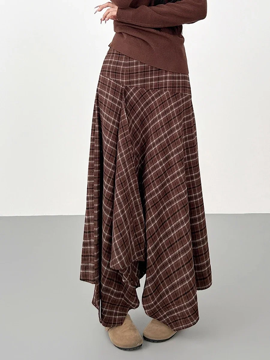 IMU Women Stitch Ruffle Plaid Skirt Irregular Hem High Waist Maxi Long Casual Asymmetrical Skirt Festival Vintage Bott