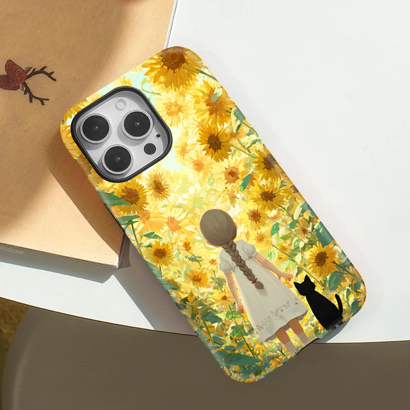 Fcicicase عباد الشمس فتاة جراب هاتف آيفون 17 الهواء 16 15 14 برو ماكس 11 12 13 16 زائد لينة الاكريليك طبقة مزدوجة ل Magsafe غطاء #6