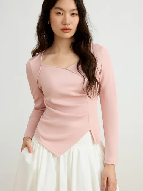 DUSHU damskie wiosenne topy z długim rękawem kobiece szczupłe elastyczność różowa dzianina Casual szare t-shirty z długim rękawem 25DS81124