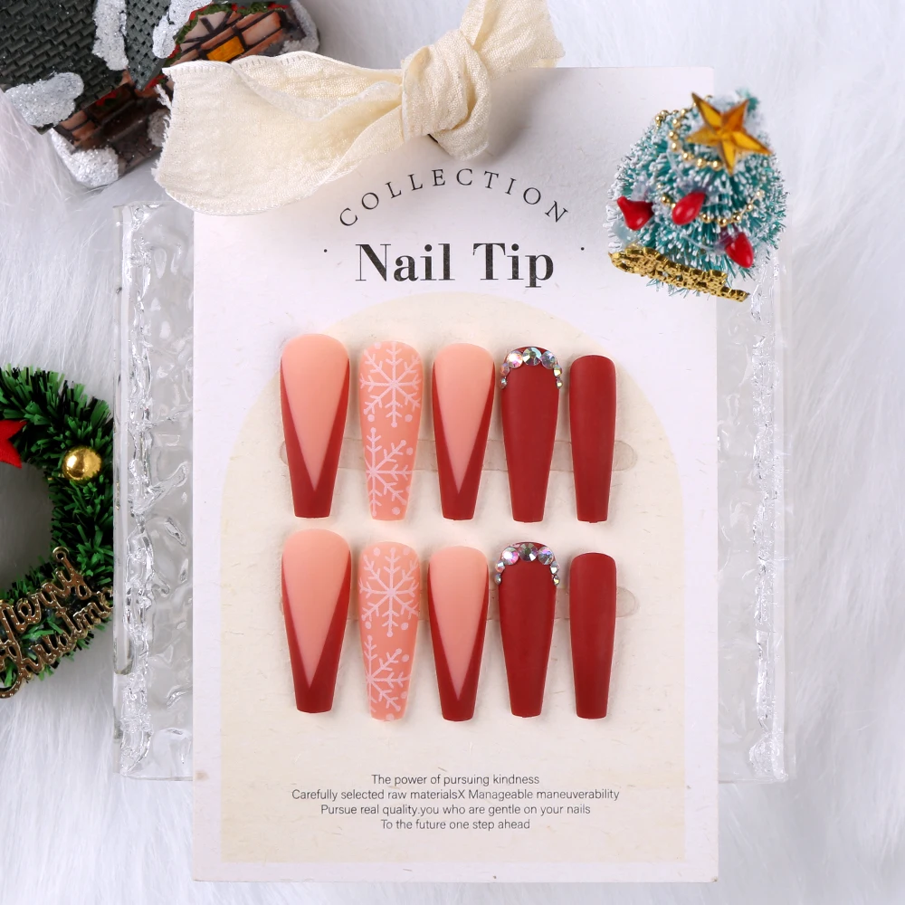 أظافر مزيفة بتدرج أحمر فرنسي ، تابوت متوسط الطول ، ندف ثلج من الزركون ، أظافر اصطناعية ، احتفال شتوي ، أظافر عيد الميلاد
