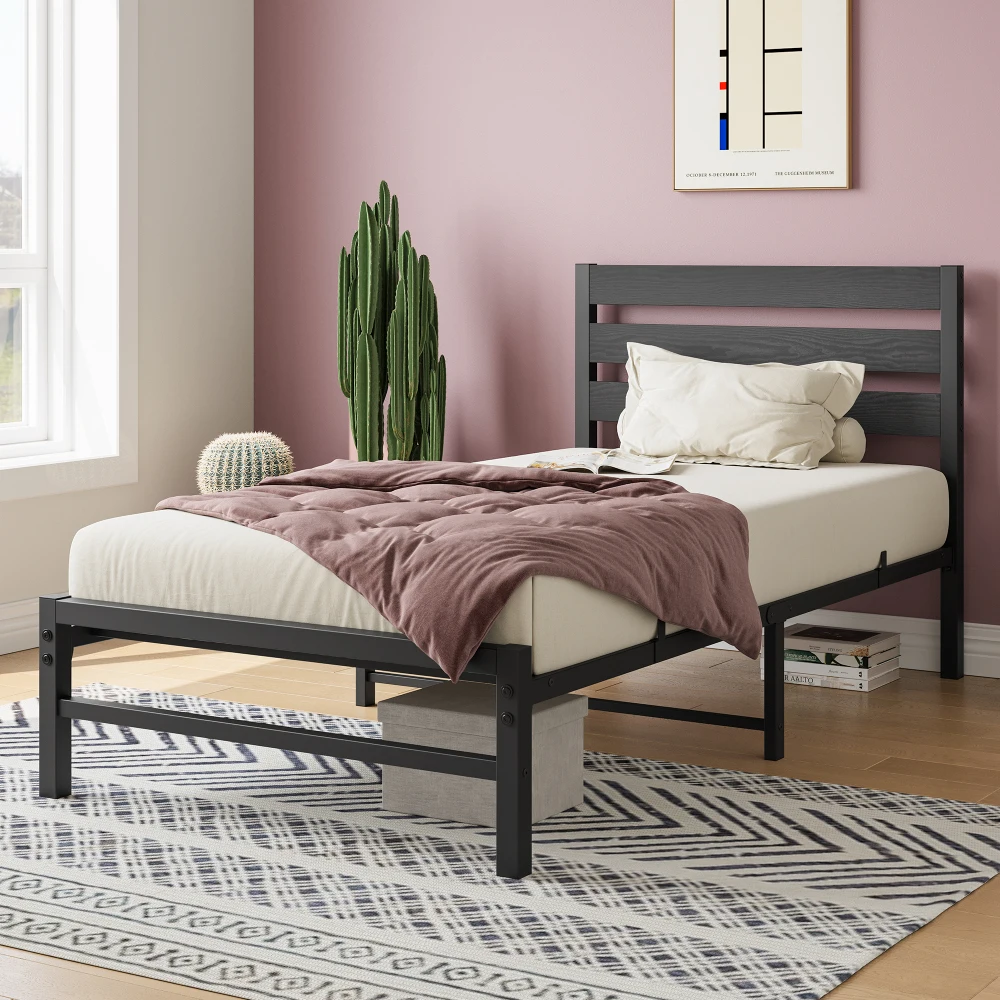 Twin Size Platform Bed Frame with Rustic Vintage Wood Headboard, No Box Spring Needed Black bed frame queen  furniture bedroom