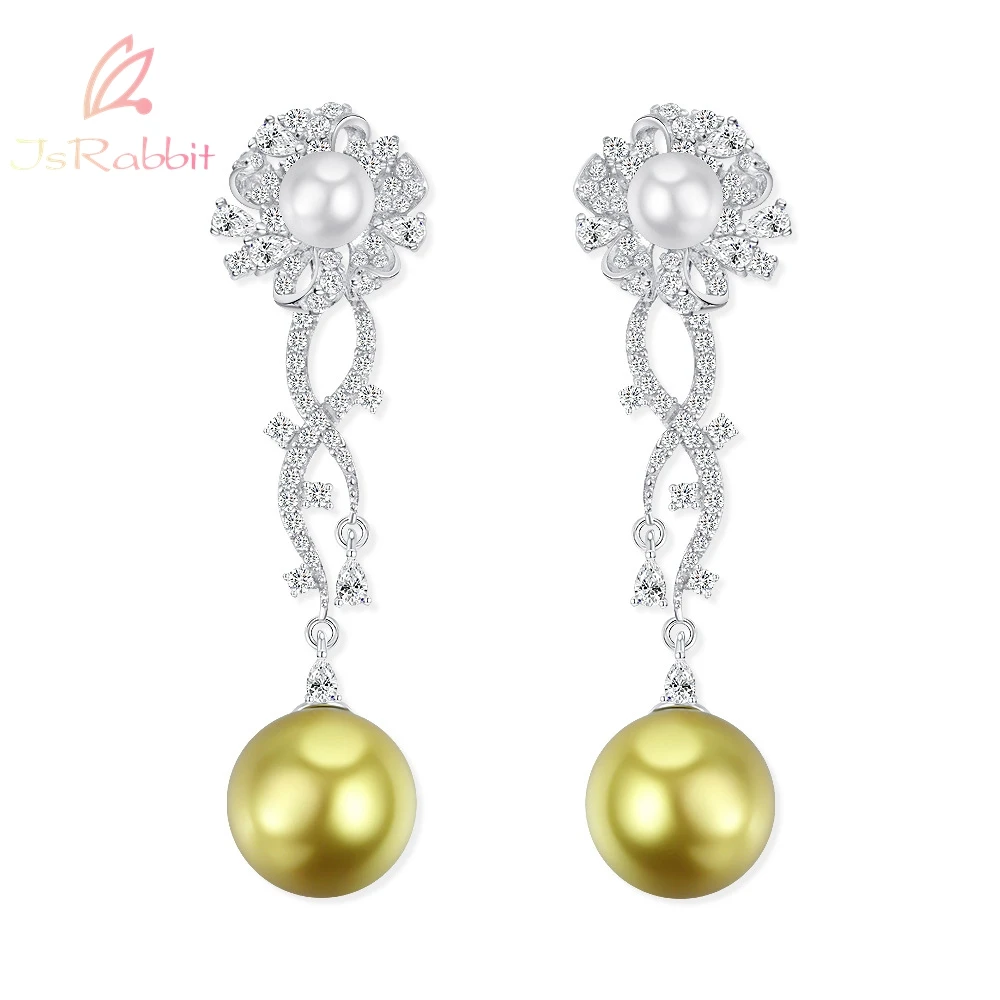 IsRabbit 18K Gold Plated Golden Freshwater Pearl Diamond Adjustable Anniversary Drop Earrings 925 Sterling Silver Luxury Jewelry