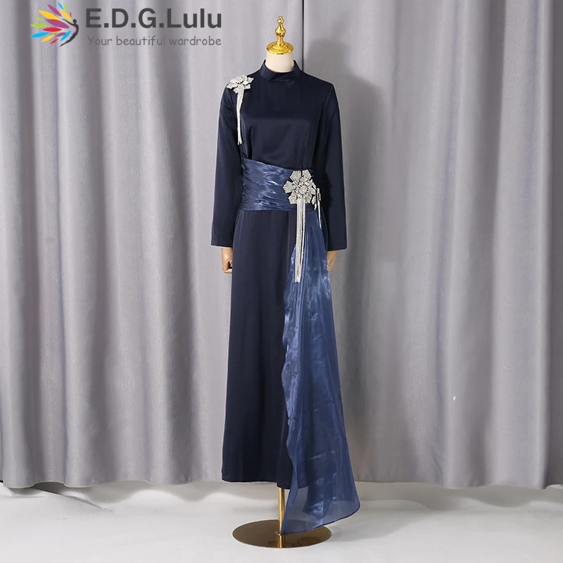 EDGLuLu Sukienki wieczorowe z okrągłym dekoltem, długim rękawem, asymetryczne, damskie, zdobione diamentami, z kwiatowymi frędzlami, łączone, długa sukienka 1205